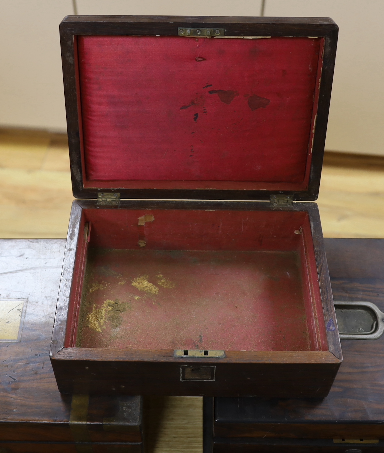 A Victorian brass mounted walnut writing box, work box with fitted interior, rosewood box with mother of pearl inlaid panel together with vintage cased printing blocks, the largest 47.5cm wide
